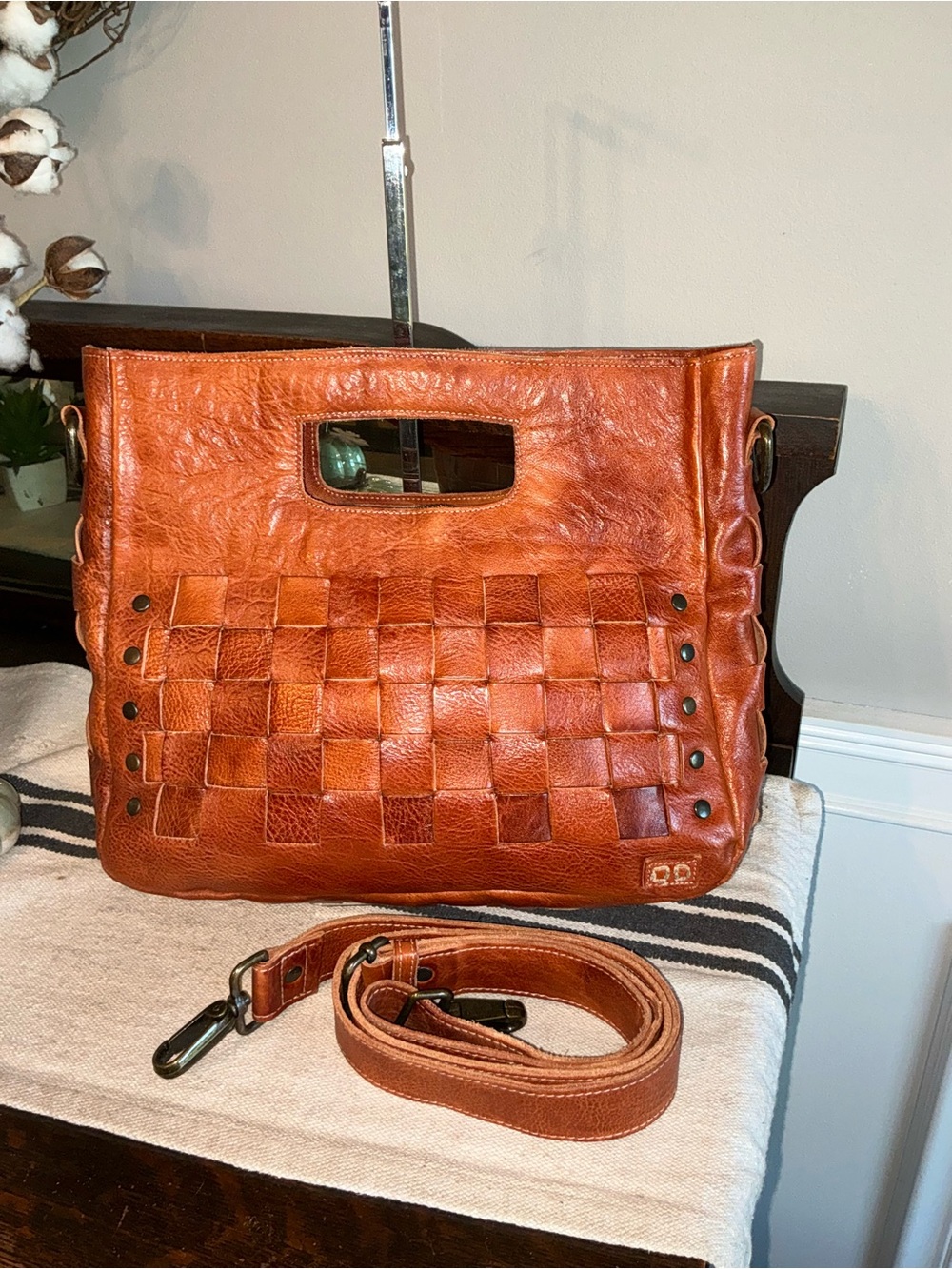 Bed Stu Orchid Leather Satchel Handbag Crossbody Bag Cognac Dip Dye MSRP $280